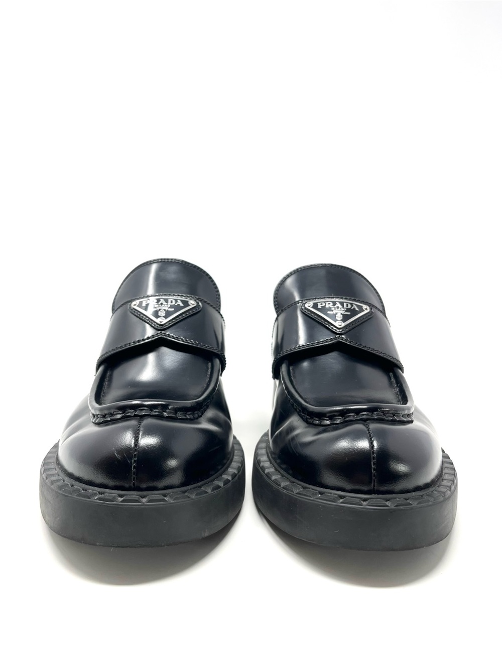 Prada Chocolate Black Triangle Logo Brushed Leather Loafers Heels Chunky 38.5 - Picture 5 of 14